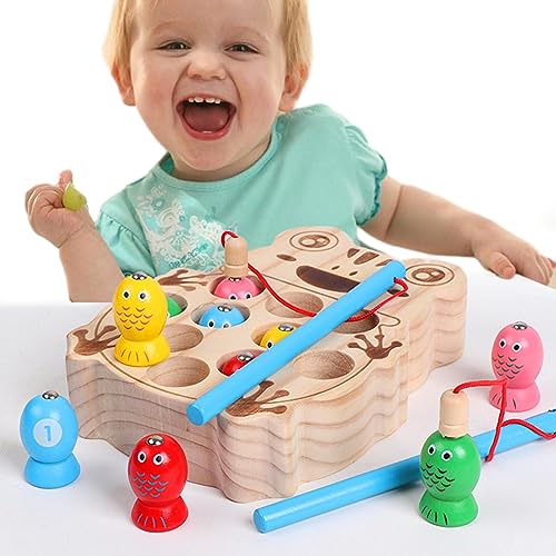 BSEID Holz Fisch Spielzeug,Holz Familie Kinder Angelspielzeug | Tragbare Familie Kinder Hinterhof bunte Spiele, Spielzeug Angelrute Spielset für Jungen Mädchen Kinder von BSEID