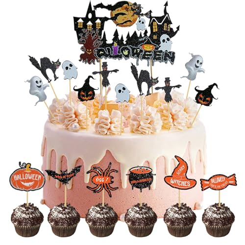 BSITSSS 17 Stück Halloween Tortendeko, Fledermaus Halloween Kuchendeko, Kürbis Halloween Kuchen Deko, Cupcake Topper Halloween Süßigkeiten, Halloween Cake Topper für Party Kuchen Geburtstage Dekor von BSITSSS