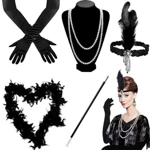 BSITSSS 5 Teiliges 20er Jahre Kostüm Damen, 20er Jahre Kleid Gatsby Mafia Kostüm Damen, 20er Jahre Accessoires Gatsby Accessoires Damen Party Kostüme Damen, für Halloween Weihnachten für Damen von BSITSSS