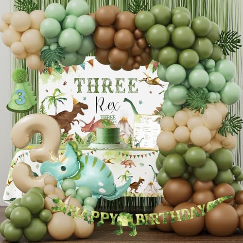 Three Rex Birthday Party Decorations Boy, Dinosaurier 3rd Birthday Party Supplies, Three Rex Backdrop Tablecloth Fringe Curtain Balloon Arch Cake Topper Birthday Banner Hat von BSMIEFUS