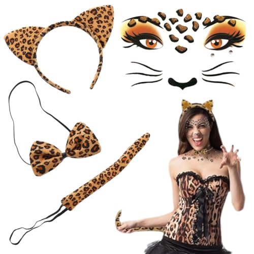 BSNRDX 4 Stück Leopard Kostüm Set Tierohren Bogen Schwanz und Gold Druck Leopard Temporäre Tattoo für Karneval Cosplay für Ostern Party Dress Up Kostüm von BSNRDX