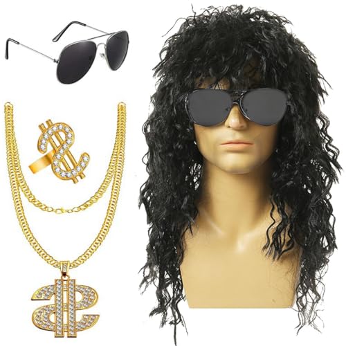 BSNRDX 4er Set Herren Perücke 70er 80er Jahre Vokuhila Perücke Rocker Punk Popstar Perücke, Sonnenbrille Halskette, Dollarzeichen Ring, Rapper Accessoires für Fasching Karneval von BSNRDX