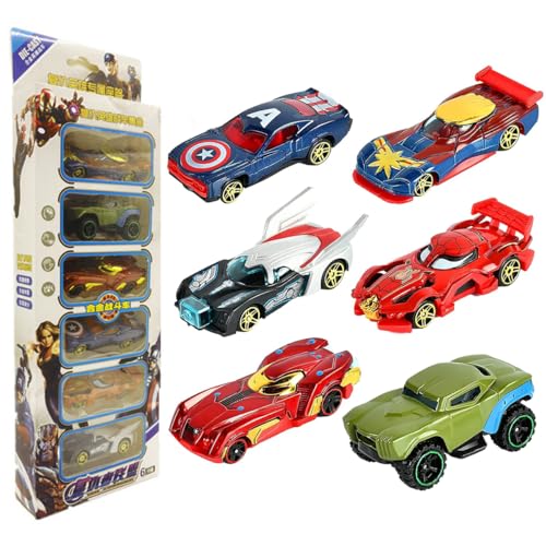 BSNRDX A-vengers Spielzeugauto Set 6pcs Cars Autos Spielzeug 6 Stück M-Arvel Spielzeug Set Spielzeugauto Hero Autoschiene Rutschspielzeug Kids Play Car Set for Aged 3-14 Year Old Children von BSNRDX