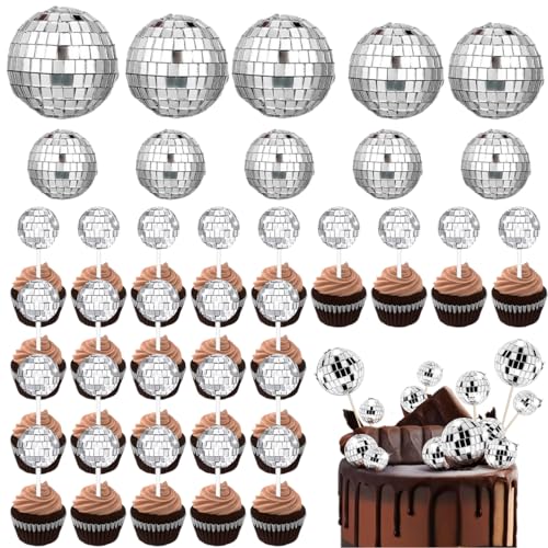 BSNRDX Discokugel-Kuchendekorationen, Discokugel-Kuchenaufsätze, Cupcake-Topper, 1970er-Jahre-Kuchenaufsätze für Disco-Thema, 70er-Jahre-Partyzubehör (34 Stück) von BSNRDX