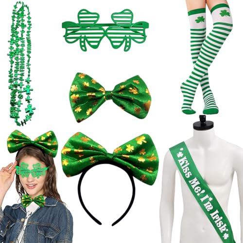 BSNRDX St. Patricks Day Accessoires, 6 PCS Irish Green Costume Accessories Irische Kleeblatt Brille Irischer Party Haarreif Haarband Irish Themed Costume für Damen Herren Kinder Erwachsene von BSNRDX