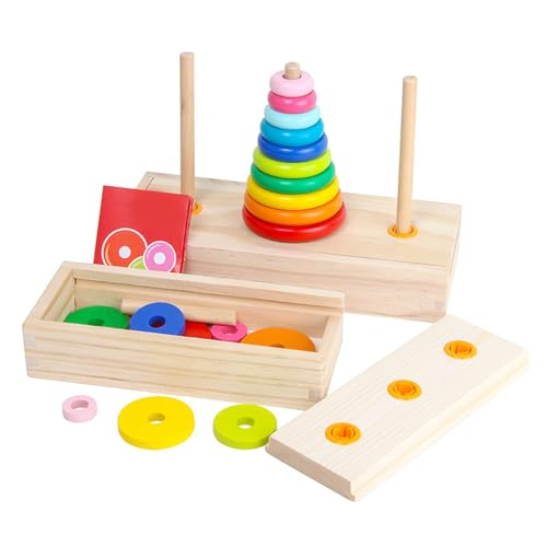 BSTCAR Hölzerne Türme 10 Ringe Puzzle Spiel Early Educational Rainbow Stacking Rings Logic Thinking Block Game für Kinder (Große Größe) von BSTCAR