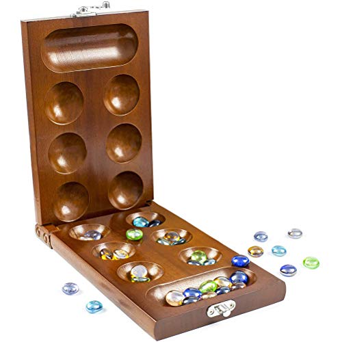 BSTCAR Holz Mancala Brettspiel Set Klappbrett mit mehrfarbigen Glassteinen Murmelspiel Reise Brettspiel Kinder Erwachsene Familie (Sortierte Farbe) von BSTCAR