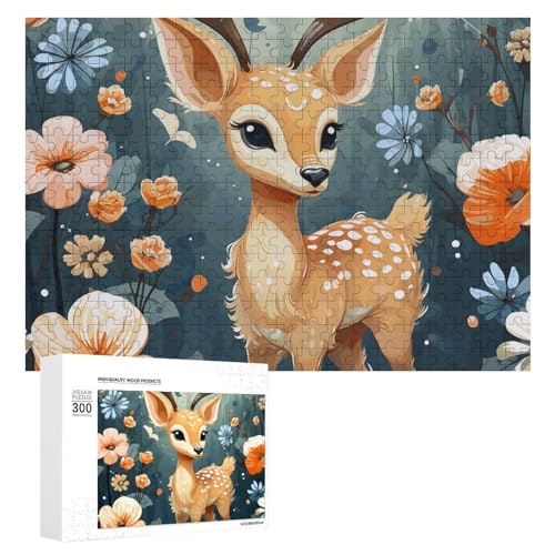 300-teiliges Puzzle – Cartoon-Hirsch-Blumen-Bilder-Puzzle, herausforderndes Puzzle für Erwachsene, personalisiertes Holzpuzzle, Fotopuzzle, Geschenke, 39,9 x 27,9 cm von BTCOWZRV