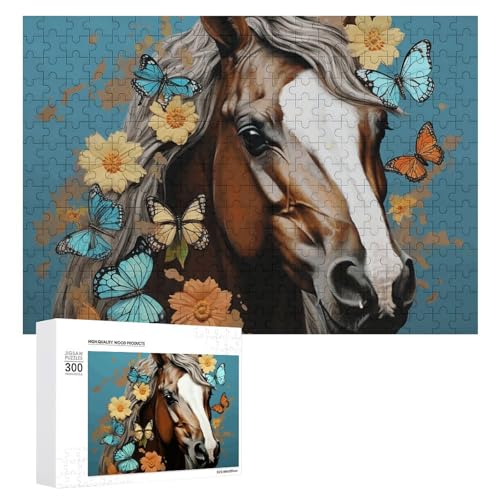 300-teiliges Puzzle – Ein Pferd mit Blumen und Schmetterlingen, Bildpuzzle, herausforderndes Puzzle für Erwachsene, personalisiertes Holzpuzzle, Fotopuzzle, Geschenke, 39,9 x 27,9 cm von BTCOWZRV