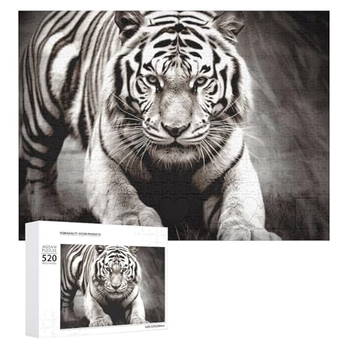 520-teiliges Puzzle, Schwarz-Weiß-Tiger-Bilderpuzzles für Erwachsene, anspruchsvolles Puzzle, personalisiertes Holzpuzzle, Fotopuzzle, Geschenke, 52,1 x 38,1 cm von BTCOWZRV