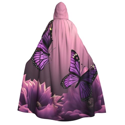 BTCOWZRV 3D-Umhang mit Blumen und violettem Schmetterling, Halloween, mit Kapuze, langer Umhang, Hexenmantel, Cosplay-Kostüme für Damen und Herren von BTCOWZRV