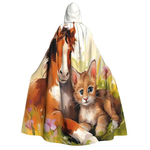 BTCOWZRV Süßes Pferd und Katze Halloween Kapuzenumhang Langer Umhang Hexe Robe Cosplay Kostüme für Damen Herren von BTCOWZRV