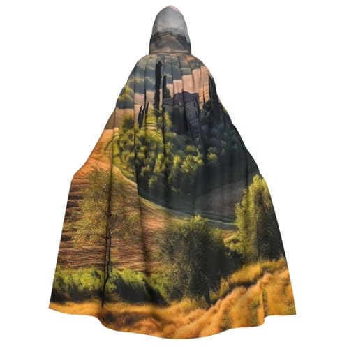 BTCOWZRV Toskana-Landschaft Baum Landschaft Bauernhof Halloween Kapuzenumhang Langer Umhang Hexe Robe Cosplay Kostüme für Damen Herren von BTCOWZRV