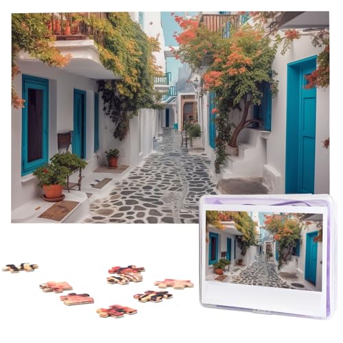 Griechenland Straßenpuzzles 1000 Teile Puzzle Personalisiertes Puzzle Holzbild Puzzle für Erwachsene Foto Puzzle Kunst Wandbehang Dekor für Geburtstag Hochzeit Valentinstag Jahrestag von BTCOWZRV