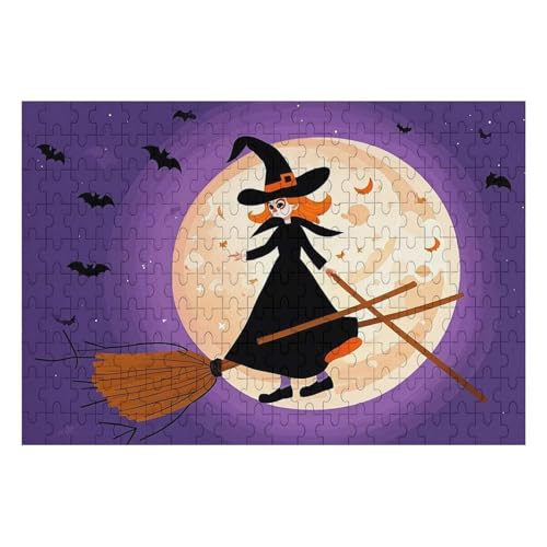 Puzzle, Halloween-Hexe auf Besen, personalisiertes Puzzle, Holzbild, Puzzle für Erwachsene, Fotopuzzle, Kunst, Wandbehang, Dekoration für Geburtstag, Hochzeit, Valentinstag, Jahrestag, 200 Stück von BTCOWZRV