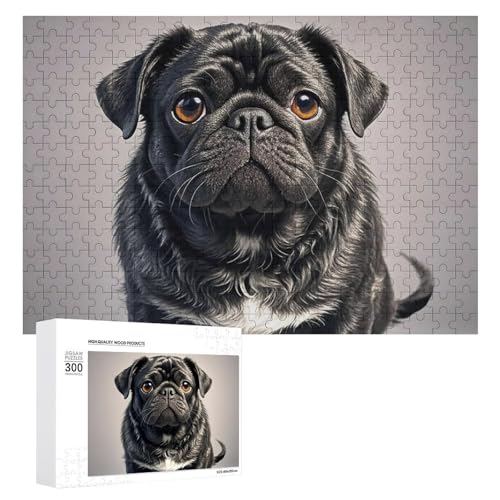 Puzzle mit 300 Teilen – niedlicher schwarzer Mops-Hund, Bildrätsel, herausforderndes Puzzle für Erwachsene, personalisiertes Holzpuzzle, Fotopuzzle, Geschenke, 39,9 x 27,9 cm von BTCOWZRV