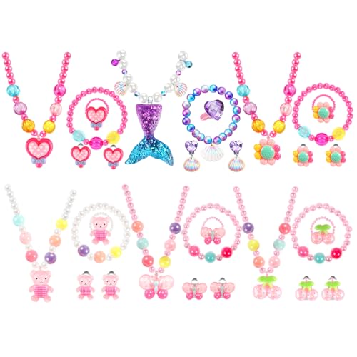 BTHRORO 6 Sets Kinderschmuck 30 Stück Kette Mädchen Armband Kinderringe Ohrring Schmuckset Mädchen, Kinder Schmuck mit Meerjungfrau Schwanz Bär Schmetterling Blume Kirsche Herz Anhänger von BTHRORO