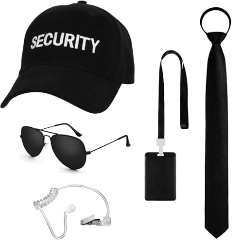 BTHRORO Agenten Kostüm Set, Geheimagenten Security mit Sonnenbrille Ohrstück ID-Ausweis Sicherheit Hut Einstellbare Krawatten für Männer Jungen Halloween Cosplay Party Rollenspiele Kostümzubehör von BTHRORO