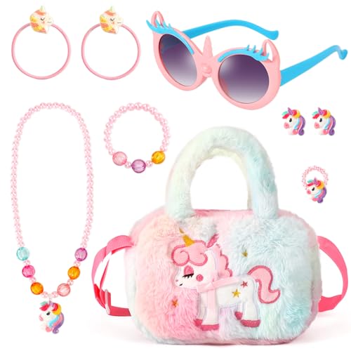 BTHRORO Einhorn Handtasche Geschenk, Unicorn Sonnenbrille Kette Halskette Haargummi Armband Ohrringe Ring für Kleine Mädchen Prinzessin Ankleiden Geburtstag Rollenspiel Geschenk von BTHRORO