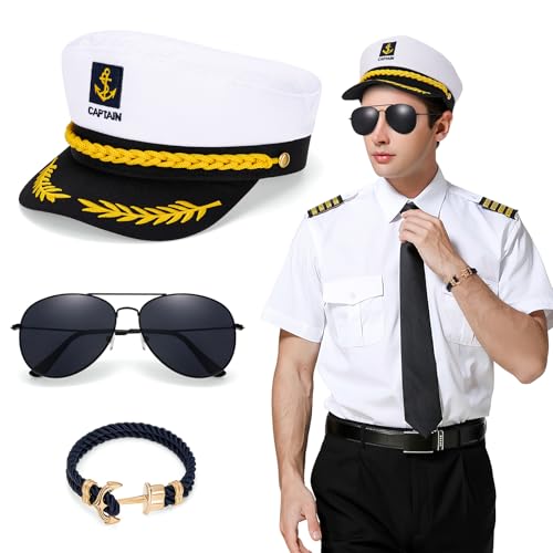 BTHRORO Kapitänsmütze Kostüm Set, Verstellbare Kapitänsmütze Sonnenbrille Anker Armband Matrosen Marine Captain Kostüm Accessoires für Halloween Weihnachten Ostern Party Mottoparty Partys Cosplay von BTHRORO