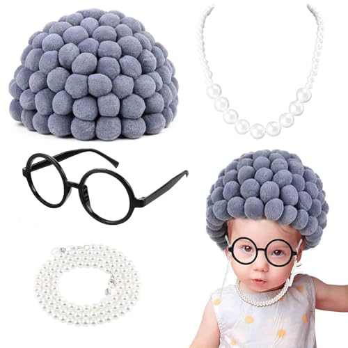 BTHRORO Kinder Oma Kostüm Set, 4 Stück Großmutter Perücke Kappe Oma Brille Perlenkette Brillen Ketten Granny Kostümzubehör für Oma Verkleidung Fasching Karneval Halloween von BTHRORO