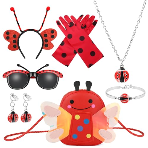 BTHRORO Marienkäfer Kostüm Kinder, Ladybug Cartoon Schultertasche Haarbänder Brille Handschuhe Ladybug Schmuck für Mädchen Rollenspiel Verkleidung Ladybug Kostüm Halloween Karneval Geburtstag Party von BTHRORO