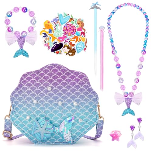 BTHRORO Meerjungfrau Handtasche Schmuck Set für Kinder, Prinzessin Kette Halskette Armband Ring Schmuckset Haarspangen Meerjungfrauen Aufkleber für Mädchen Rollenspiel Party Dress Up Geschenk von BTHRORO