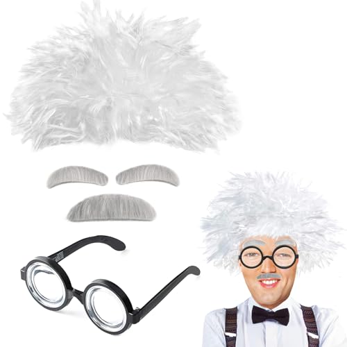 BTHRORO Opa Kostüm Set Verrückter Professor Wissenschaftler Perücke Nerd Brille Bart Augenbrauen Alter Großvater Cosplay Zubehör Einstein Kostüm für Karneval Halloween von BTHRORO