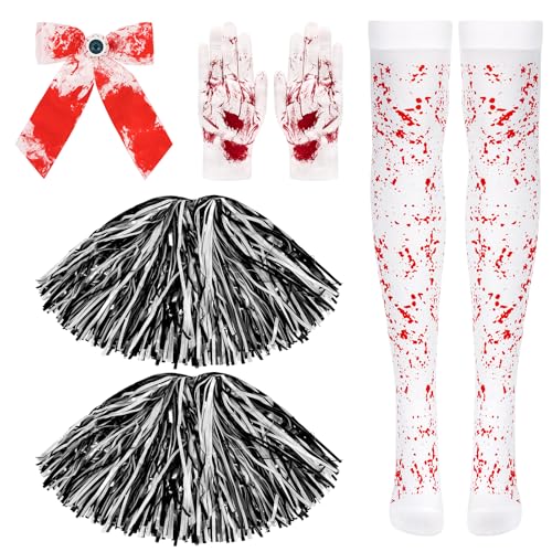 BTHRORO Zombie Cheerleader Kostüm Zubehör Mädchen, Cheerleader Pompons Handschuhen Schwarz Schleifen Haargummis Strümpfe Kinder Halloween Karneval Zubehör Cosplay Party von BTHRORO