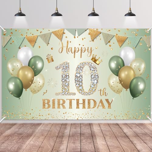 10.Geburtstag Banner Grün Gold,BTZO 10.Geburtstagsbanner,Deko 10 Geburtstag Dekoration Banner Hintergrund für 10 Mädchen und Jungen Geburtstagsfeier Deko von BTZO