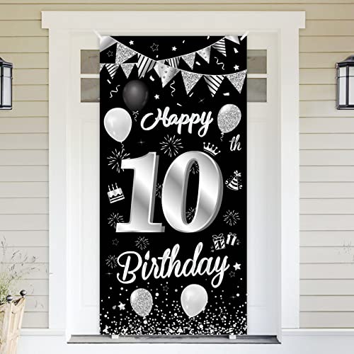 10.Geburtstag Banner Schwarz Silber,BTZO 10.Geburtstag Jungen,Deko 10.Geburtstagsfeier Mädchen,10 Geburtstag Poster Hintergrund Banner für 10 Party Geburtstagsdeko von BTZO