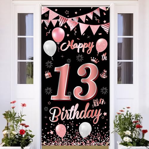 13.Geburtstag Banner Roségold Schwarz,BTZO 13.Geburtstag Jungen,Deko 13.Geburtstagsfeier Mädchen,13 Geburtstag Poster Hintergrund Banner für 13 Party Geburtstagsdeko von BTZO