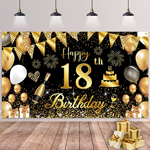 18.Geburtstag Banner Schwarz Gold,BTZO 18.Geburtstag Jungen,Deko 18 Geburtstag Mädchen,18 Geburtstag Hintergrund Banner für 18 Party Geburtstagsdeko von BTZO