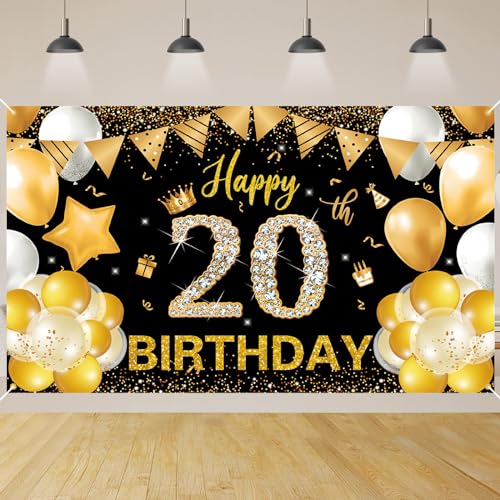 20 Geburtstag Dekoration,BTZO 20 Geburtstag Banner Schwarz Gold,Extra Große 20 Geburtstag Hintergrund Banner,20 Party Geburtstagsdeko Frau Mann von BTZO