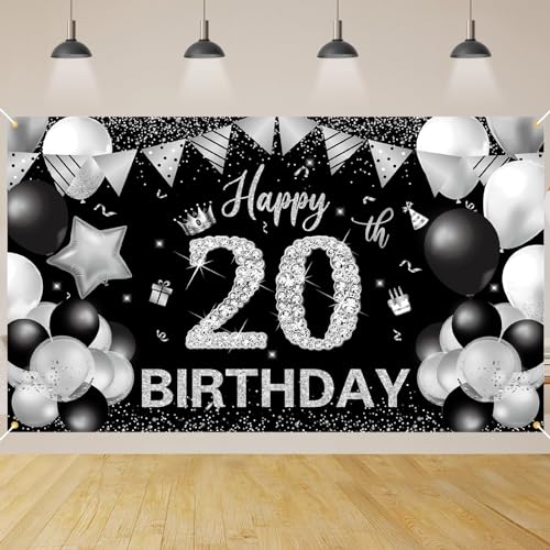 20 Geburtstag Dekoration,BTZO 20 Geburtstag Banner Schwarz Silver,Extra Große 20 Geburtstag Hintergrund Banner,20 Party Geburtstagsdeko Frau Mann von BTZO