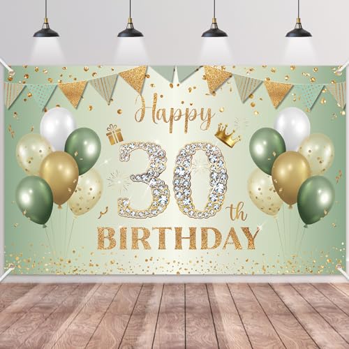 30.Geburtstag Banner Grün Gold,BTZO 30.Geburtstagsbanner,Deko 30 Geburtstag Dekoration Banner Hintergrund für 30 Frauen und Männer Geburtstagsfeier Deko von BTZO