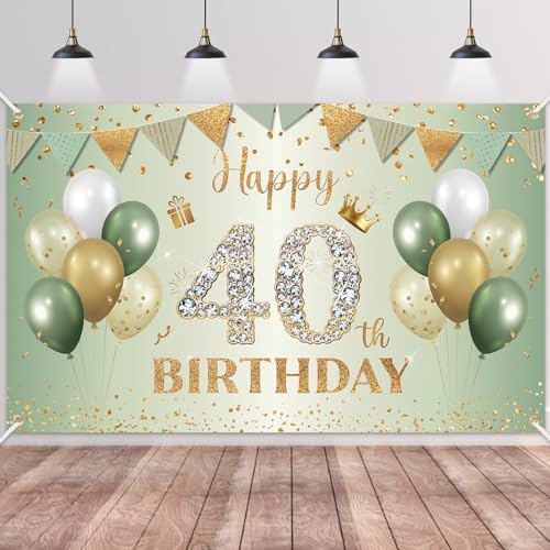 40.Geburtstag Banner Grün Gold,BTZO 40.Geburtstagsbanner,Deko 40 Geburtstag Dekoration Banner Hintergrund für 40 Frauen und Männer Geburtstagsfeier Deko von BTZO