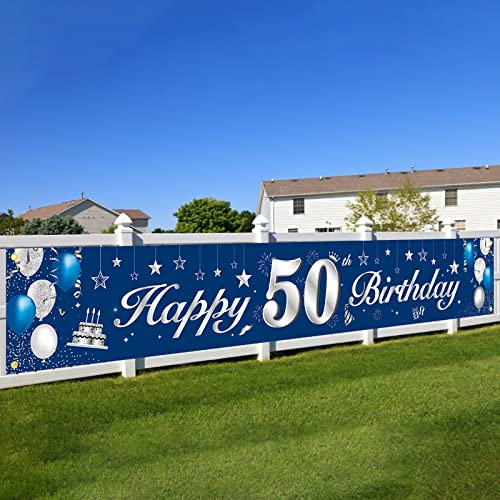 50.Geburtstagsfeier Dekorationen Banner,BTZO 50 Geburtstag Banner Blau Silber,50.Geburtstag Deko Hintergrund Lange Größe 50.geburtstag Banner Für Jungen Und Mädchen Party Geburtstagdeko von BTZO