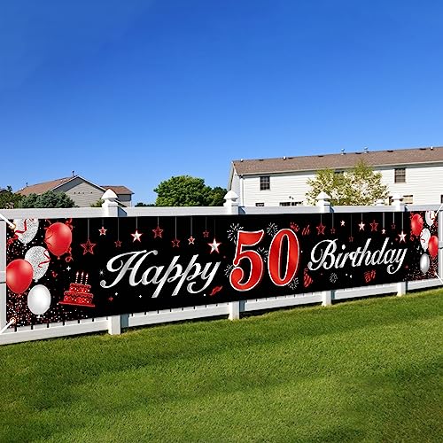 50.Geburtstagsfeier Dekorationen Banner,BTZO 50 Geburtstag Banner Rot Schwarz,50.Geburtstag Deko Hintergrund Lange Größe 50.geburtstag Banner Für Frauen und Männer Party Geburtstagdeko von BTZO