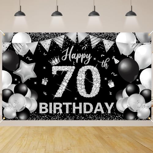 70 Geburtstag Dekoration,BTZO 70 Geburtstag Banner Schwarz Silver,Extra Große 70 Geburtstag Hintergrund Banner,70 Party Geburtstagsdeko Frau Mann von BTZO