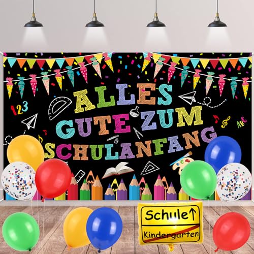 Einschulung Banner Deko,BTZO Alles Gute Zum Schulanfang Banner Schuleinführung Banner Deko Hintergrund Banner Photo Booth mit Luftballon für Einschulung Dekoration 185x110cm von BTZO