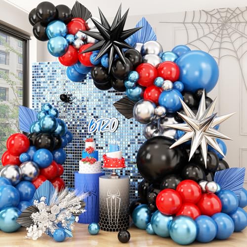 Luftballon Girlande Blau Rot Schwarz,Luftballons Bogen Kit Stern Folienballons Schwarz Rot Blau Metallic Silber Luftballons für Jungen Kindergeburtstag Spinnen Held Thema Party Geburtstagdeko von BTZO