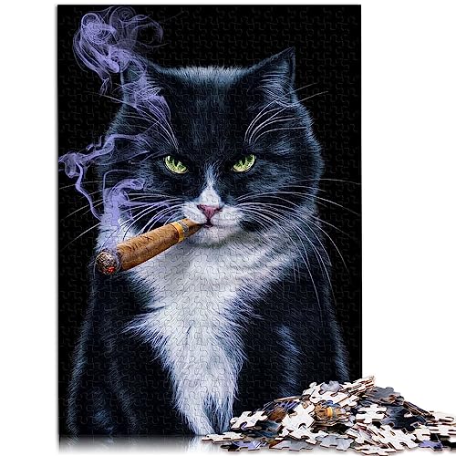 Coole Smoking-Katze mit Zigarren-Puzzles, 1000 Teile, Papppuzzles, Holzpuzzles, Heimdekorationspuzzle, 38 x 52 cm von BUBELS