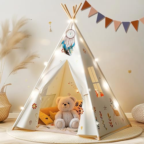 Tipi-Zelt für Kinder, natürliche Baumwolle, Kleinkind-Spielzelt mit bunten Flaggen und Matte, faltbares Kinder-Tipi-Zelt mit Traumfänger und Tragetasche, hochwertiges Tipi-Zelt, einfach zu montieren, von BUDDGO