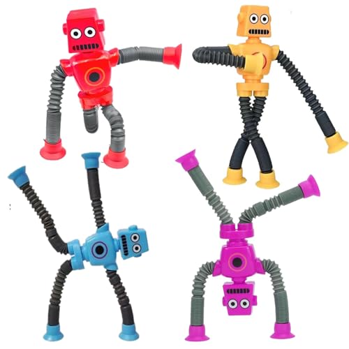 BUKCYUE 4 Stück Sensorisches Roboter Spielzeug, Telescopic Suction Cup Roboter Toy, Teleskopsaugnapf Roboter Spielzeug, Lustiges Pädagogisches Stressabbau-Spielzeug für Kinder Erwachsene von BUKCYUE