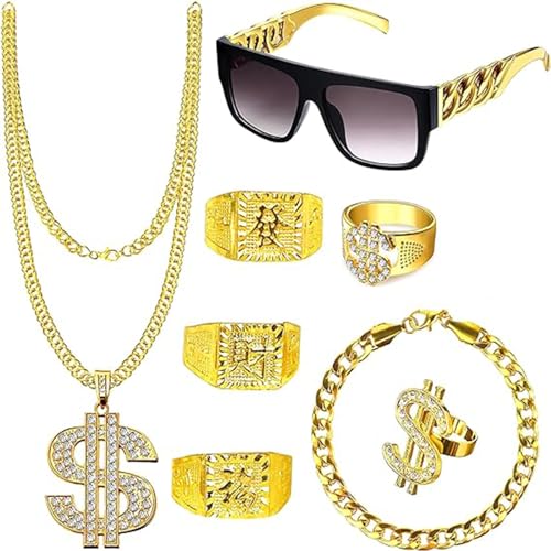 BUKYCAT 8 Stück Goldene Dollar Kette, Goldene Dollar Kette Set, Zuhälter Kostüm Set, Goldkette Rapper Kostüm mit Dollar Kette & Ringe, Hip Hop Kostüm Kit Herren,Rapper Zubehör,80er 90er Mottoparty von BUKYCAT