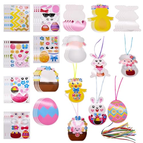 72 Stück Ostern Basteln kinder,Bastelset Ostern Kinder,Osterdeko Anhänger Bastelset DIY Ostereier Aufkleber Ostern Kaninchen Basteln Aufkleber Set Kreativ Handwerk Ostergeschenke für Kinder Easter von BULKEE