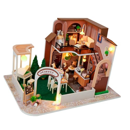 BUMMPI Miniatur Coffee Shop Tiny House Set Aus Holz Raumdekoration Bastelsets Mit Möbeln Und LED Licht Für Erwachsene Und Jugendliche von BUMMPI