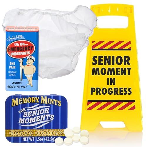 Memory Mints and Senior Moments Schild mit Notfallunterhose – Bürokabinenzubehör und Desktop-Dekorationen – Gag Geschenke für Senioren und Kollegen – Feiern Sie Ihr Alter mit lustigen Neuheiten von BUNDLED BRANDS & BEYOND