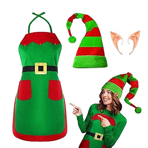 BUNIQ Elfenschürze, Plüschmütze und rot grün gestreifter Weihnachtself, Lustige Outfits für Erwachsene mit Küchen-Kochschürzen für Weihnachten, Halloween, Neujahr, Weihnachtselfen-Zubehör von BUNIQ